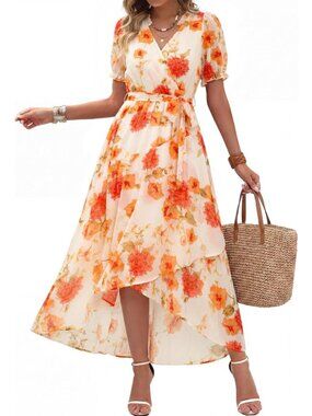 Women's Floral Pink Orange Puff Sleeve Wrap Ruffle Chiffon Imported Maxi Dress
